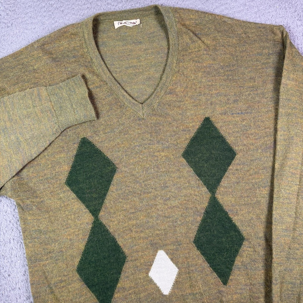 Marc O'Polo Mohair Sweater Mens XL Green Argyle Diamond Alpaca Blend V Neck